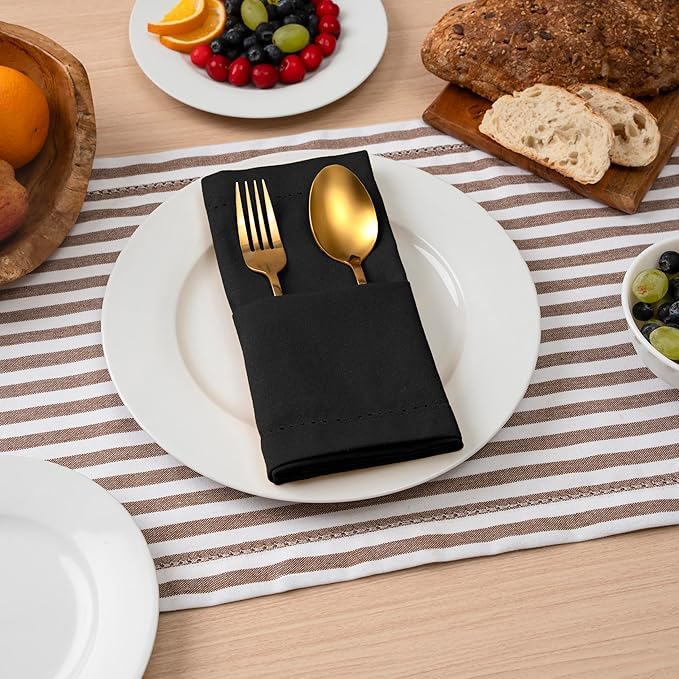 Blue Needles Set of 12 Hemstitch Linen Napkins 100% Cotton Black Cloth Dinner Napkins 18x18 inches, Soft, Reusable, Absorbent, Washable, Ideal for Fall Thanksgiving Events, Parties & Everyday Use