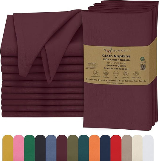 Ruvanti Cloth Napkins Set of 12, 18x18 Inches, 100% Cotton, Washable, Soft & Absorbent, Perfect for Wedding, Christmas, ‎Thanksgiving Dinners - Burgundy