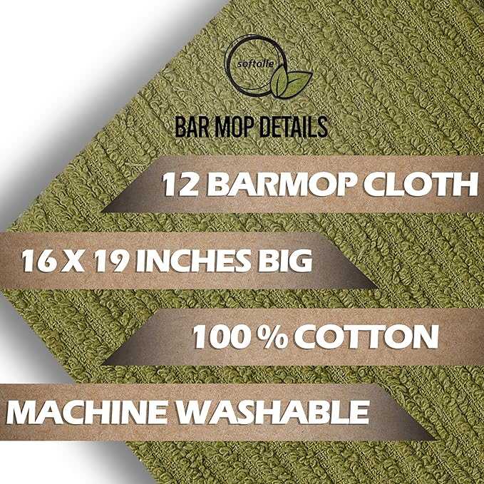 Softolle Bar Mop Towels, Pack of 12-16x19 Inches - 100% Cotton Super Absorbent Towels, Multi-Purpose for Home and Bar Cleaning (Sage Green)