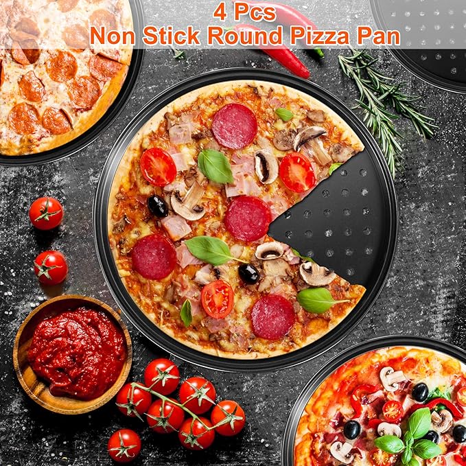 Round Pizza Pans with Holes, 4pc Set - Perforated Non-Stick Pizza Baking Pans for Oven, 9/10/11/12 Inch