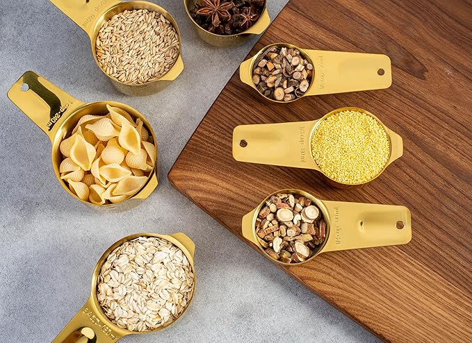Set of 7 Heavy Duty Measuring Cups, 18/8 Stainless Steel with Ring Connector, Gold