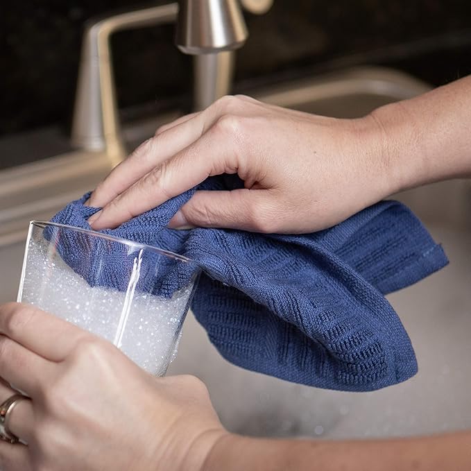 Sticky Toffee Cotton Dishcloths Set of 8, Dark Blue and White, 12 x 12 in, Absorbent Reusable Tea Towels and Cleaning Cloths, Oeko-Tex Cotton
