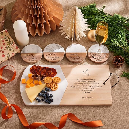 Custom Engraved Wood Marble Cutting Board Set, Personalized Cheese Board & Charcuterie Tray with Coasters, Ideal Housewarming or Wedding Gift
