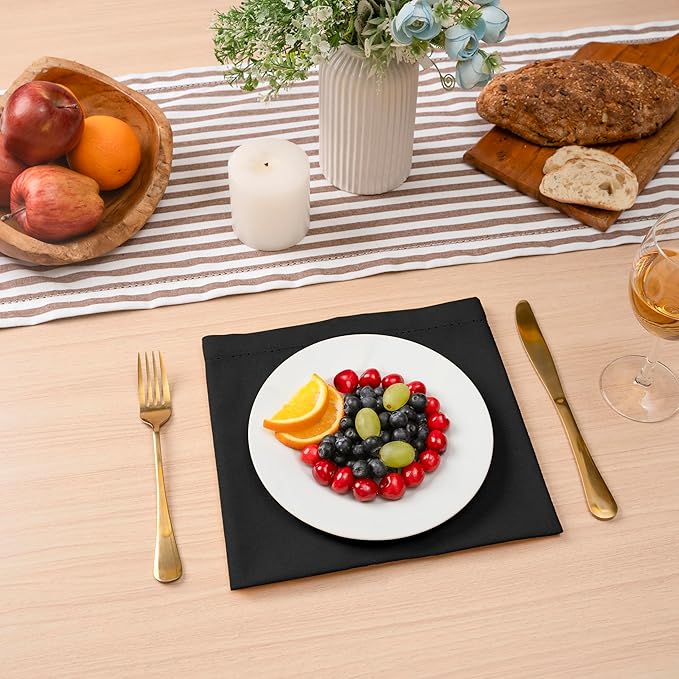 Blue Needles Set of 12 Hemstitch Linen Napkins 100% Cotton Black Cloth Dinner Napkins 18x18 inches, Soft, Reusable, Absorbent, Washable, Ideal for Fall Thanksgiving Events, Parties & Everyday Use