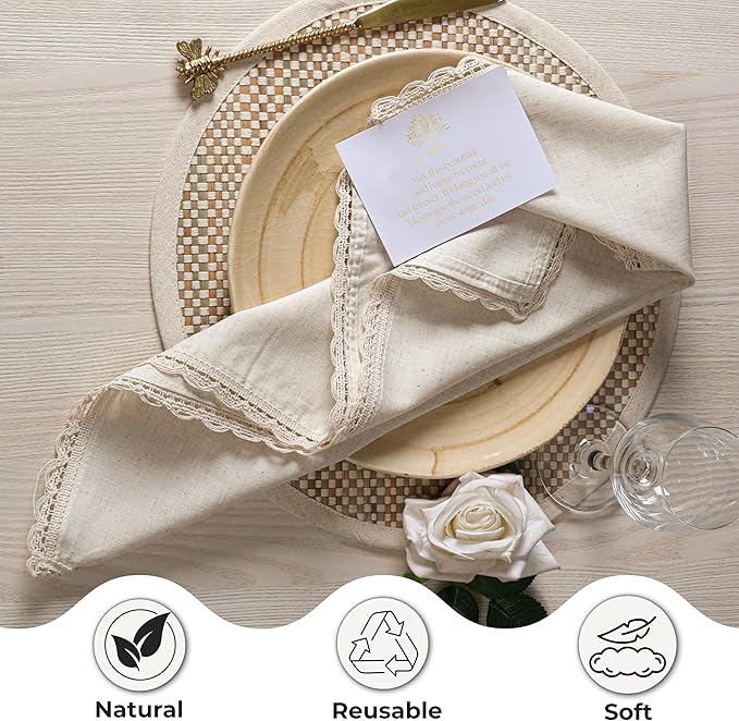 Ramanta Home Natural Coth Dinner Napkin Set of 12 Premium Cotton 20X20 Inch Oversized Linen Flax Lace Soft & Durable Washable Ideal for Everyday Use Parties Thanksgiving Christmas Halloween