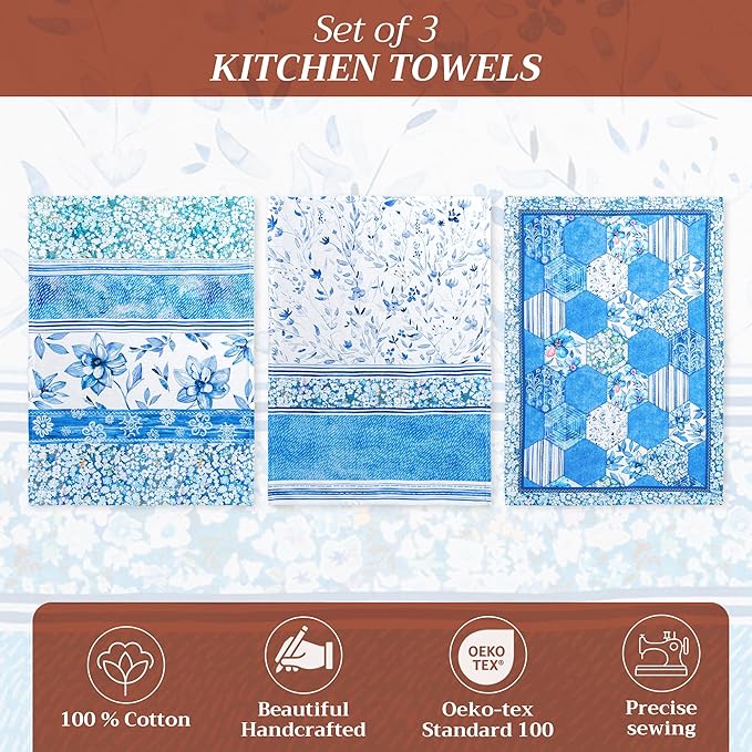 Maison d' Hermine Kitchen Towels Set of 3 100% Cotton 27.50" x 20" Reusable Cloth Tea Dish Towels Absorbent with Hanging Loop for Kitchen, Home, Dining, Cocktail Parties Spring/Summer (Summer Blues)