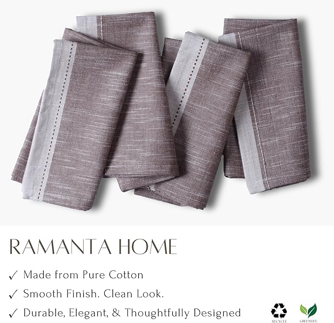 Ramanta Home Cloth Napkins Set of 4 Textured Cotton 18x18 - Premium Contrast Border Fall Thanksgiving Dinner Napkins for Christmas Farmhouse Wedding, Soft Washable Table Linen for Everyday Use - Brown