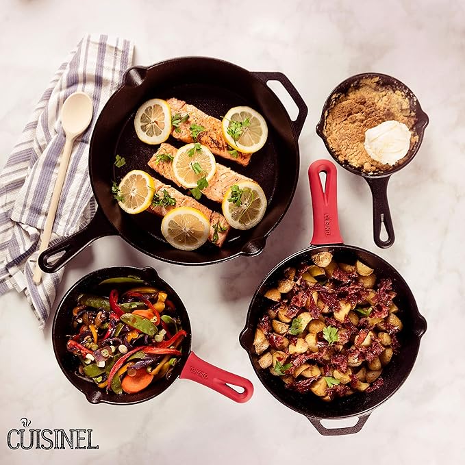 Cuisinel Cast Iron Skillets Set - 4-Piece Chef Pans - 6" + 8" + 10" + 12"-Inch + 4 Heat-Resistant Handle Holders - Pre-Seasoned Oven Safe Cookware - Indoor/Outdoor Use - Grill, Stovetop, BBQ Safe
