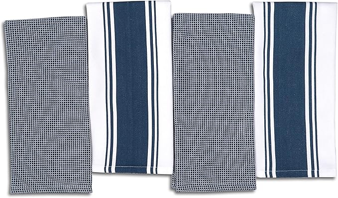 AMOUR INFINI Cotton Kitchen Towels - Set of 4 Highly Absorbent, Ultra Soft Waffle Weave Tea Towel with Hanging Loop - 20x28 Inch Quick Drying Dish Cloths for Cleaning (Blue)