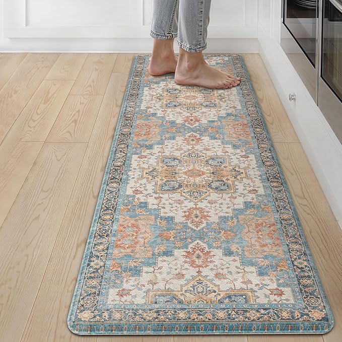 GENIMO Kitchen Mats for Floor, Washable Anti Fatigue Mat for Cushioned, 17.3"x59", Waterproof Kitchen Rugs, Non Slip Foam Comfort Standing Mat Rug for Home, Runner, Sink, Laundry, Blue&Salmon