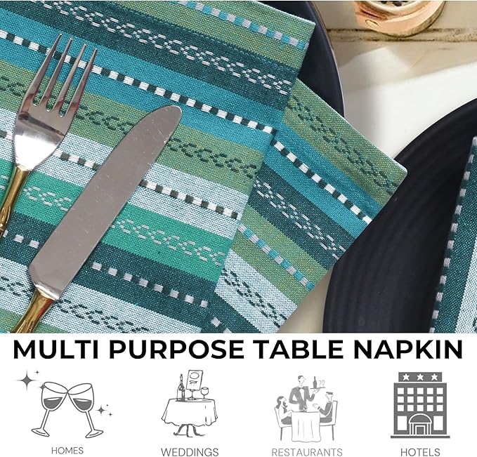 Bedding Craft Cotton Cloth Dinner Napkins Set of 12 – 18x18 Green Multi Salsa Stripe – Durable Machine Washable Fabric Napkins for Weddings, Restaurants, Kitchen & Everyday Dining
