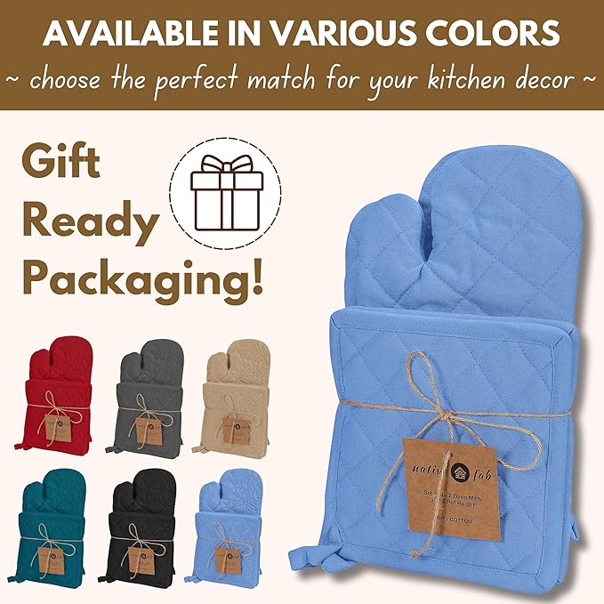 Native Fab Pot Holders and Oven Mitts Sets for Kitchen Heat Resistant - Hanging Non-Slip - 100% Cotton Kitchen Oven Mitts and Pot Holders 4-Piece Set - Blue