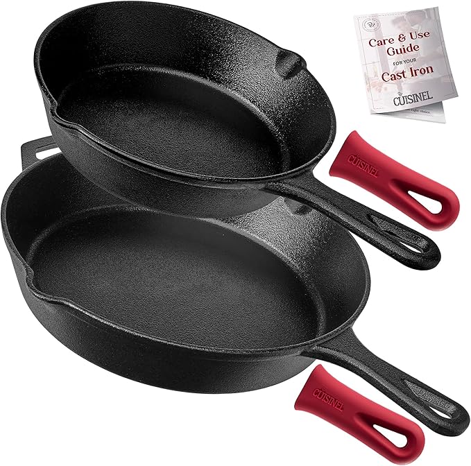 Pre-Seasoned Cast Iron Skillet Set (8-Inch and 12-Inch) Oven Safe Cookware - Heat-Resistant Holders - Indoor and Outdoor Use - Grill, Stovetop, Induction Safe