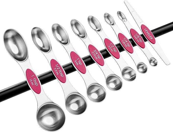 Spring Chef Pink Stainless Steel Magnetic Measuring Spoons Set of 8 with Leveler, Dual Sided Teaspoon & Tablespoon Measuring Set for Dry and Liquid Ingredients, Kitchen Gadgets for Baking & Cooking