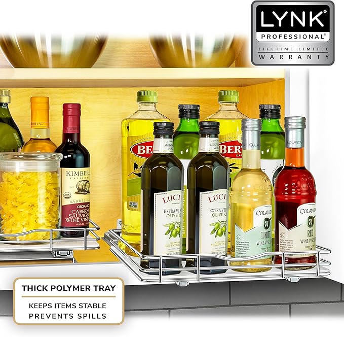 LYNK PROFESSIONAL® Pull Out Spice Rack Organizer for Inside Kitchen Cabinets - 12-3/8 inch Wide - Slide Out Drawer – Chrome Sliding Spice Cabinet Organization Shelf Racks - 1 Tier