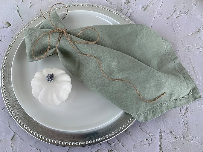 Hemstitched Linen Napkins – 20 Inch x 20 Inch – Stonewashed Pure Linen Cloth Dinner Napkins with Mitered Corners - 100% French Flax – Machine Washable - Set of 4 (Soft Sage Green)