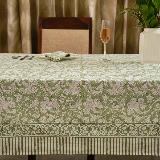 Ridhi - Hand Block Print Cotton Cloth Dinning Table Cover Wedding Farmhouse Thanks Giving Christmas Spring Tablecloth (Sage Green, 8 Seater 70x108 Inches)