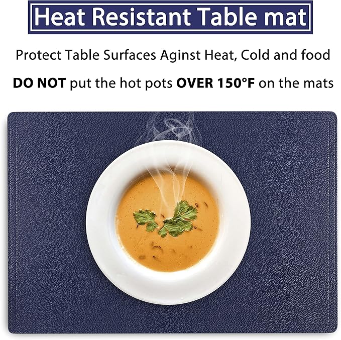 Faux Leather Placemats, PU Table Mats, Set of 4, Waterproof, Stain Resistant, Heat Resistant, Non-Slip Easy to Clean for Kitchen Dining Table,Conference Table C Blue Rectangle