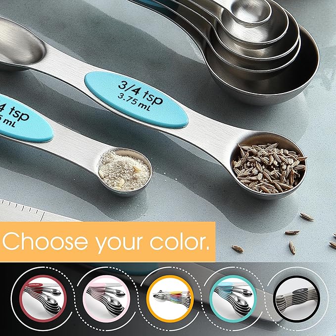 Spring Chef Stainless Steel Magnetic Measuring Spoons Set of 8 with Leveler, Metal Teaspoon & Tablespoon Measuring Spoons with Strong Magnets, Kitchen Gadgets for Baking & Cooking - 2 Pack - Aqua Sky