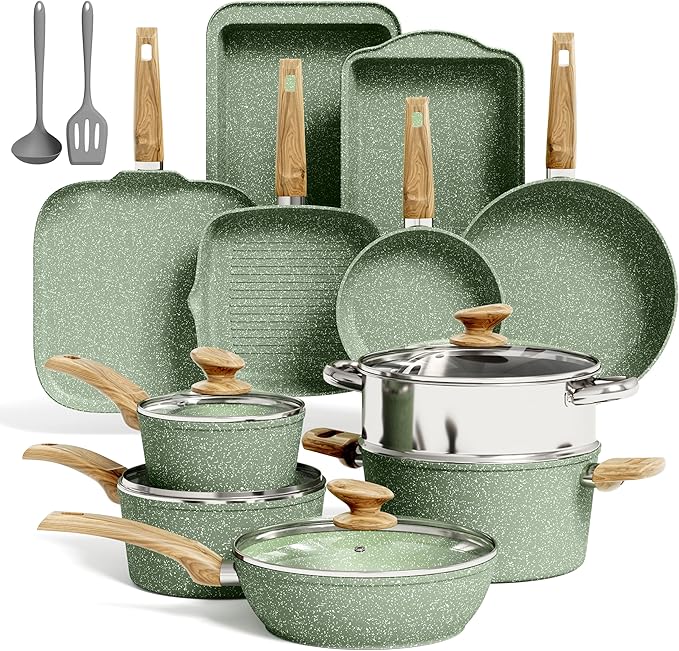 Kitchen Academy 17Pcs Sage Green Pots and Pans Set Non Stick, Induction Kitchen Cookware Sets, Nonstick Granite Cooking Pans Set with PFOA&PFOS Free