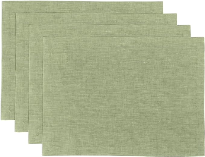 Solino Home Linen Cloth Placemats Set of 4-100% Pure Linen Chambray Olive Placemats 14 x 19 Inch for Fall, Autumn, Thanksgiving, Christmas - Athena