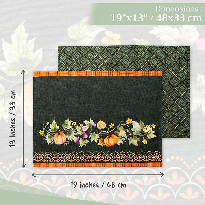 Maison d' Hermine Placemats Set of 4 100% Cotton Washable Cloth Place Mats, Reusable Table Mats for Thanksgiving Christmas Decorations Kitchen Dining Party (Pumpkin Garden - Dark Green, 13" x 19")
