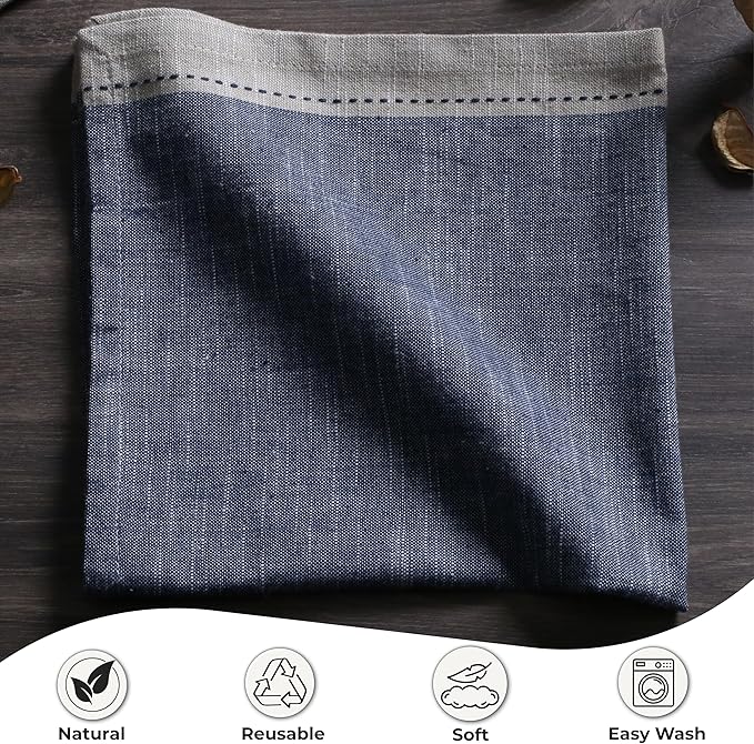 Ramanta Home Cloth Napkins Set of 4 Textured Cotton 18x18 - Premium Contrast Border Thanksgiving Dinner Napkins for Christmas Farmhouse Wedding, Soft Washable Table Linen for Everyday Use - Denim Blue