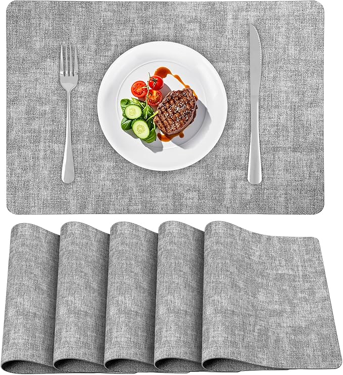 Vinly Placemats Set of 6 - Waterproof Wipeable Faux Leather Table Place Mats Heat Resistant Anti Slip Table Mats for Dining, Indoor, Outdoor, 15.8" x 11.8" (Light Grey)