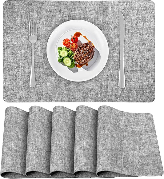 Vinly Placemats Set of 6 - Waterproof Wipeable Faux Leather Table Place Mats Heat Resistant Anti Slip Table Mats for Dining, Indoor, Outdoor, 15.8" x 11.8" (Light Grey)