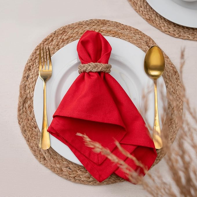 Blue Needles Solid Cloth Napkins Set of 12 Red 100% Cotton Dinner Napkins 18x18 inches - Soft, Reusable, Absorbent & Washable Fall Thanksgiving Linen, Ideal for Events, Parties & Everyday Use