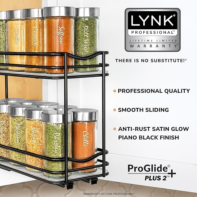 LYNK PROFESSIONAL® Pull Out Spice Rack Organizer for Inside Kitchen Cabinets - 4-3/8 inch Wide - Slide Out Drawer – Black Sliding Spice Cabinet Organization Shelf Racks - 2 Tier