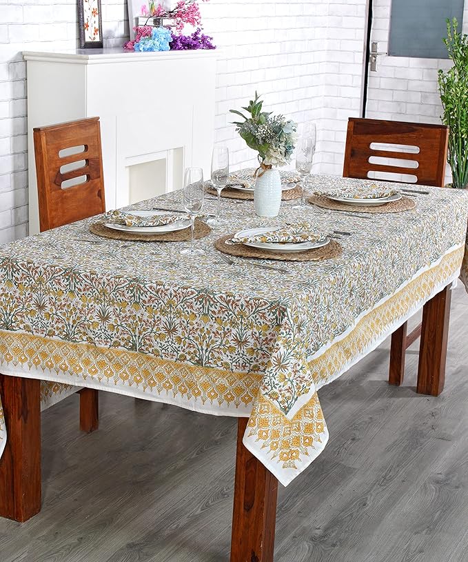 Ridhi Goldenrod Yellow Hand Block Print Cotton Rectangle Tablecloth 190 x 72 inches Reusable Table Cover Decorative Everyday Use for Dining Room, Farmhouse, Home, Party, Festive & Wedding, Fall