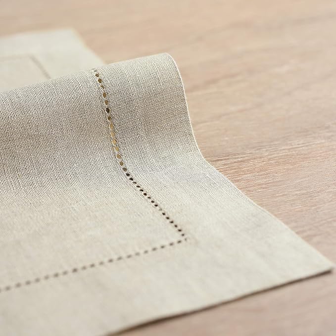 Solino Home Linen Placemats Set of 4 - Classic Hemstitch Natural Placemats 14 x 19 Inch - 100% Pure Linen Table Mats for Fall, Autumn, Thanksgiving, Christmas, Holiday