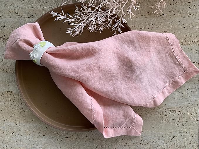 Hemstitched Linen Napkins – 20 Inch x 20 Inch – Stonewashed Pure Linen Cloth Dinner Napkins with Mitered Corners - 100% French Flax – Machine Washable - Set of 4 (Blush Pink)