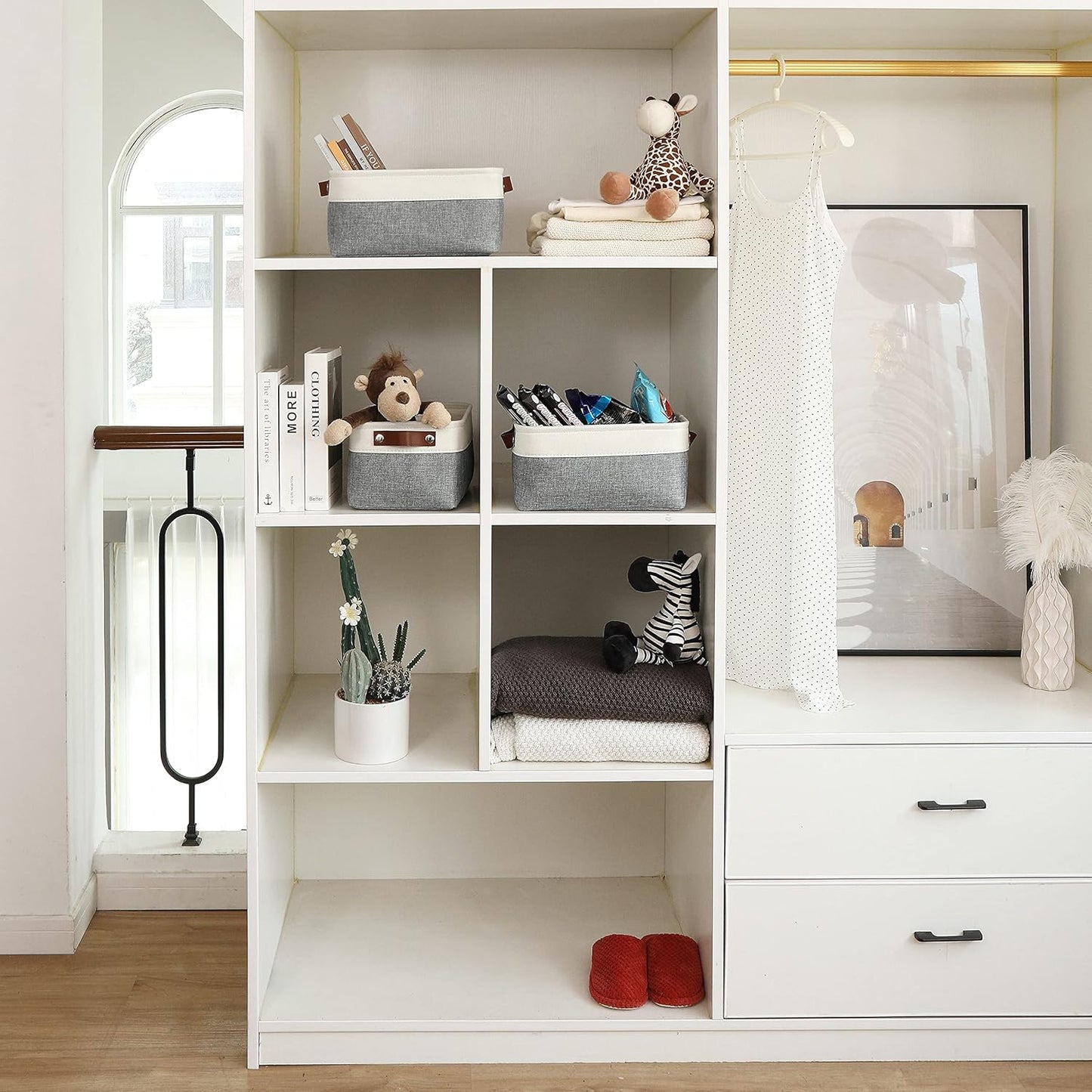 OrganiHaus Small Fabric Storage Bins for Shelves 3 Pack, 12x8in Closet Storage Bins for Shelves, Cloth Baskets for Organizing, Linen Closet Organizers, Fabric Basket, Shelf Organizer Bins Gray/White