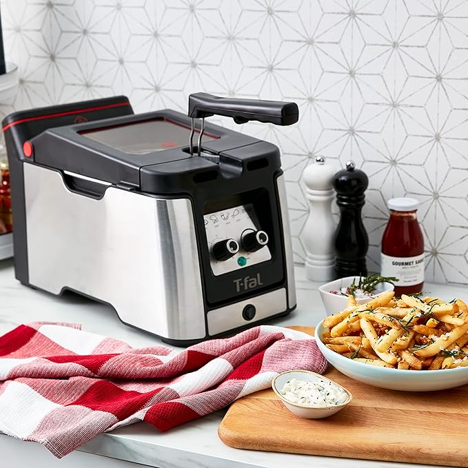 T-fal Deep Fryer with Basket, Electrics Stainless Steel 3.5 Liter Oil Capacity, 2.6 Pound Food Capacity 1800 Watts Easy Clean, Temp Control, Digital Timer, Oil Filtration, Dishwasher Safe Parts Silver