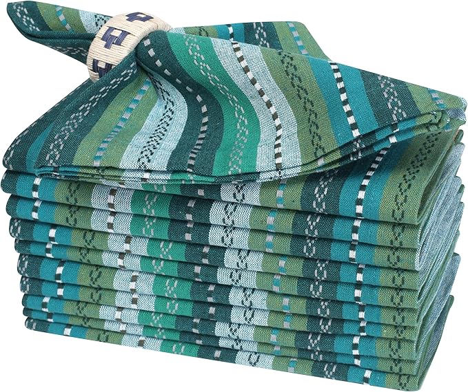 Bedding Craft Cotton Cloth Dinner Napkins Set of 12 – 18x18 Green Multi Salsa Stripe – Durable Machine Washable Fabric Napkins for Weddings, Restaurants, Kitchen & Everyday Dining