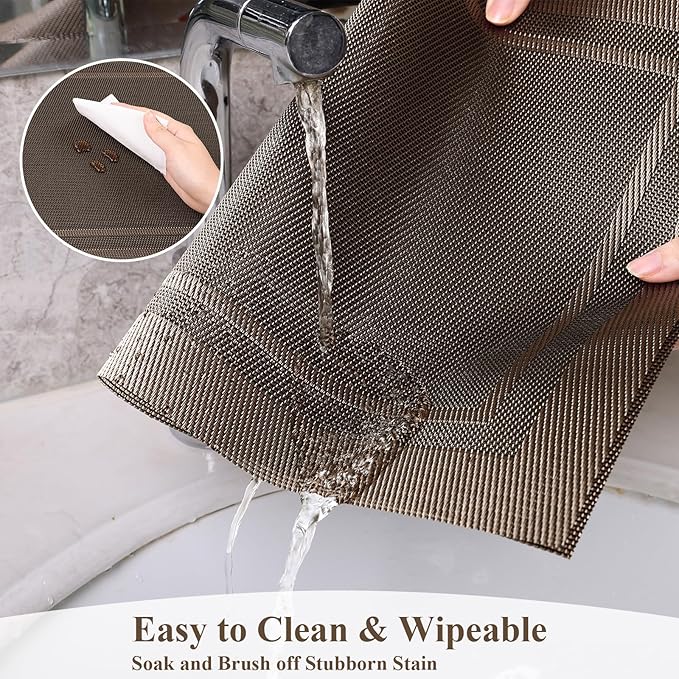 SHACOS Placemats Set of 4 Wipe Clean PVC Place Mats for Dining Table Heat Resistant Woven Vinyl Table Mats Indoor Outdoor (4, Frame Brown)