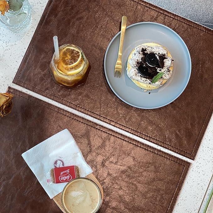 Jovono Waterproof PU Placemats, Faux Leather Dining Table Mat, Set of 8, Easy to Wipe Off Scrub Vinyl Mat, Heat & Stain Resistant for Office Conference Table, Home Décor Brown