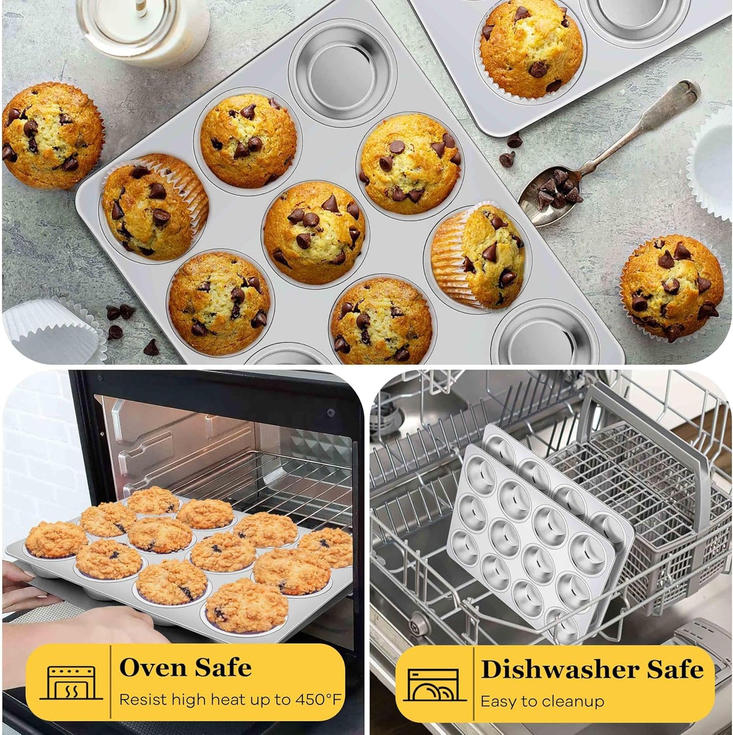 Homikit 2 Pack Muffin Pan, Stainless Steel Cupcake Tin with 12 Cups Regular Size, 13.8" x 10.4" Nonstick Metal Egg Bites Tray for Oven Baking, Non Toxic & Rust Free, Easy Release & Dishwasher Safe