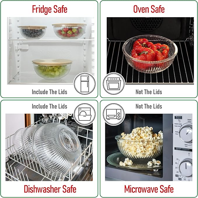 Stackable Space-Saving Nesting Set of 3 Glass Bowls with Bamboo Lids for Foodprep, Storage, Mixing & Cooking - Microwave & Oven Safe BPA Free Durable Heat Resistant Inert Borosilicate Glass