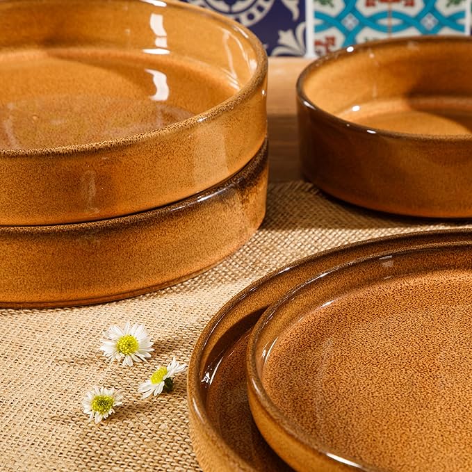 Bloomhouse Santorini Mist Double Bowl Terracotta Reactive Glaze Plates and Bowls Dinnerware Set - Amber, Service for Four (16pcs)