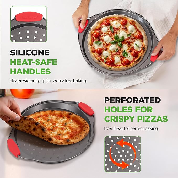 NutriChef 3-Piece Pizza Tray Set with Silicone Handles - Round Nonstick Pizza Pan with Perforated Holes, Durable Carbon Steel, Small, Medium, Large Sizes - Ideal for Crispy, Evenly Baked Pizzas (Gray)