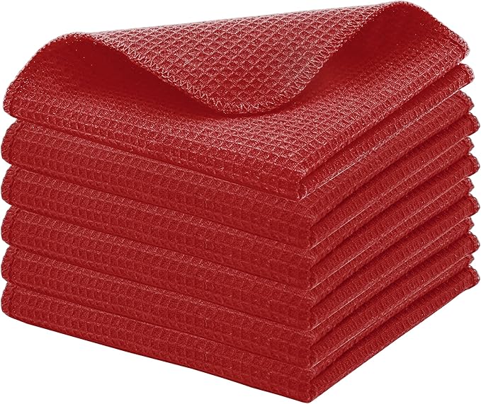 PurpleEssences Dish Cloths and Dish Rags - 6 Pack Waffle Weave Solid Kitchen Dish Wash Cloths, 100% Cotton, 12 x 12 Inches, Ultra Soft Absorbent Quick Drying - Christmas Holiday Winter - Red
