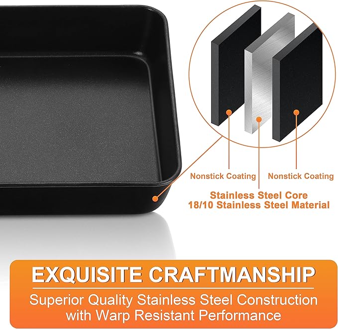 Herogo 9 x 9 Baking Pan Set of 2, Black Stainless Steel Square Cake Pan for Lasagna Brownies Casseroles Cakes, Non-Stick & Dishwasher Safe