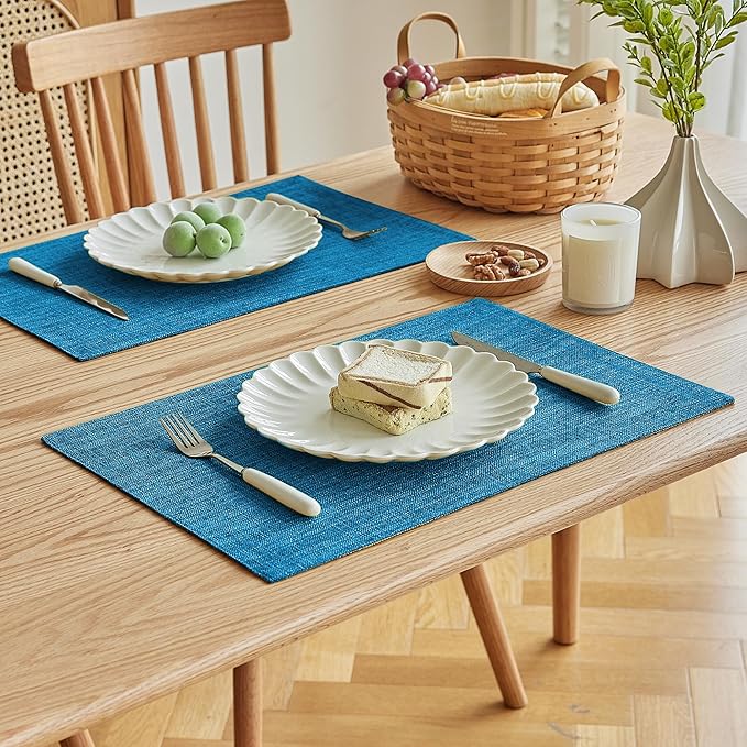 Softalker Faux Linen Placemats Set of 6-12 x 18 Inch, Heat Resistant Double Layered Durable Burlap Farmhouse Place Mats, Non-Slip Washable Rustic Table Mats for Dining, Kitchen, Party（Sky Blue