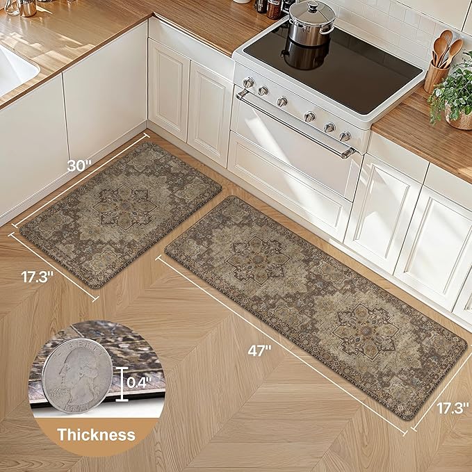 GENIMO Kitchen Mats for Floor 2PCs, Washable Anti Fatigue Mat for Cushioned, 17.3"x47"+17.3"x30", Waterproof Kitchen Rugs, Non Slip Comfort Standing Mat Rug for Home, Sink, Laundry, Rustic Brown