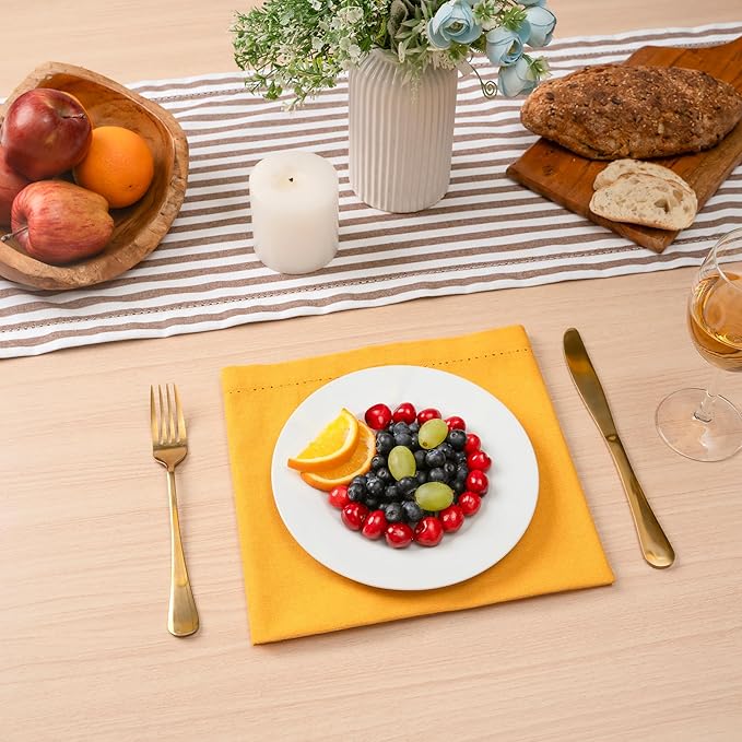 Blue Needles Set of 12 Hemstitch Linen Napkins 100% Cotton Golden Yellow Cloth Dinner Napkins 18x18 inches, Soft Reusable Absorbent Washable, Ideal for Fall Thanksgiving Events, Parties & Everyday Use