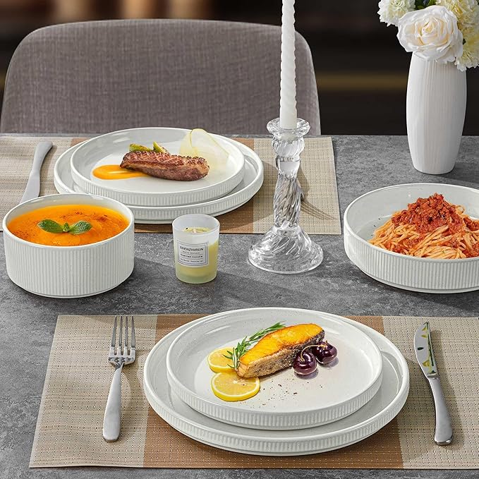 LIANYU Dinnerware Sets with Pasta Bowls for 4, 16 Piece Stoneware Plates and Bowls Set, Ribbed Dishes Dishware for Home Kitchen, Microwave and Dishwasher Safe, Speckled White