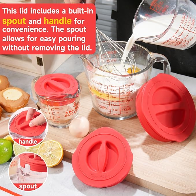 Silicone Replacement Lid Only Fit For Anchor Hocking 1-Cup, 2-Cup, 4-Cup Glass Measuring Cup, Reusable & Durable, Dishwasher, Microwave Safe (Cup not Included)
